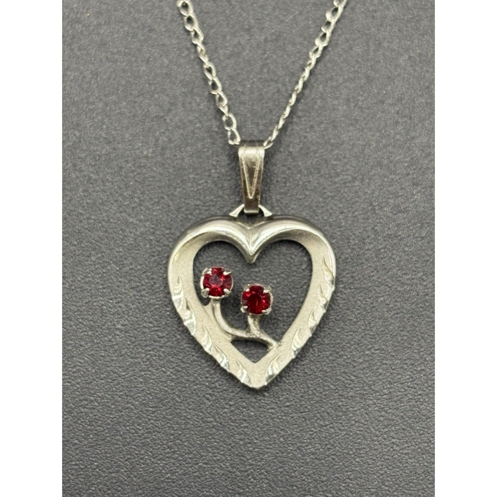 Vintage Sterling Silver 18" Red Cubic Zirconia Heart Pendant Necklace 925 E18